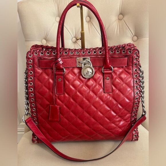 Michael Kors Red Quilted Leather Hamilton Large Tote Bag Shoulder Bag - Picture 1 of 13